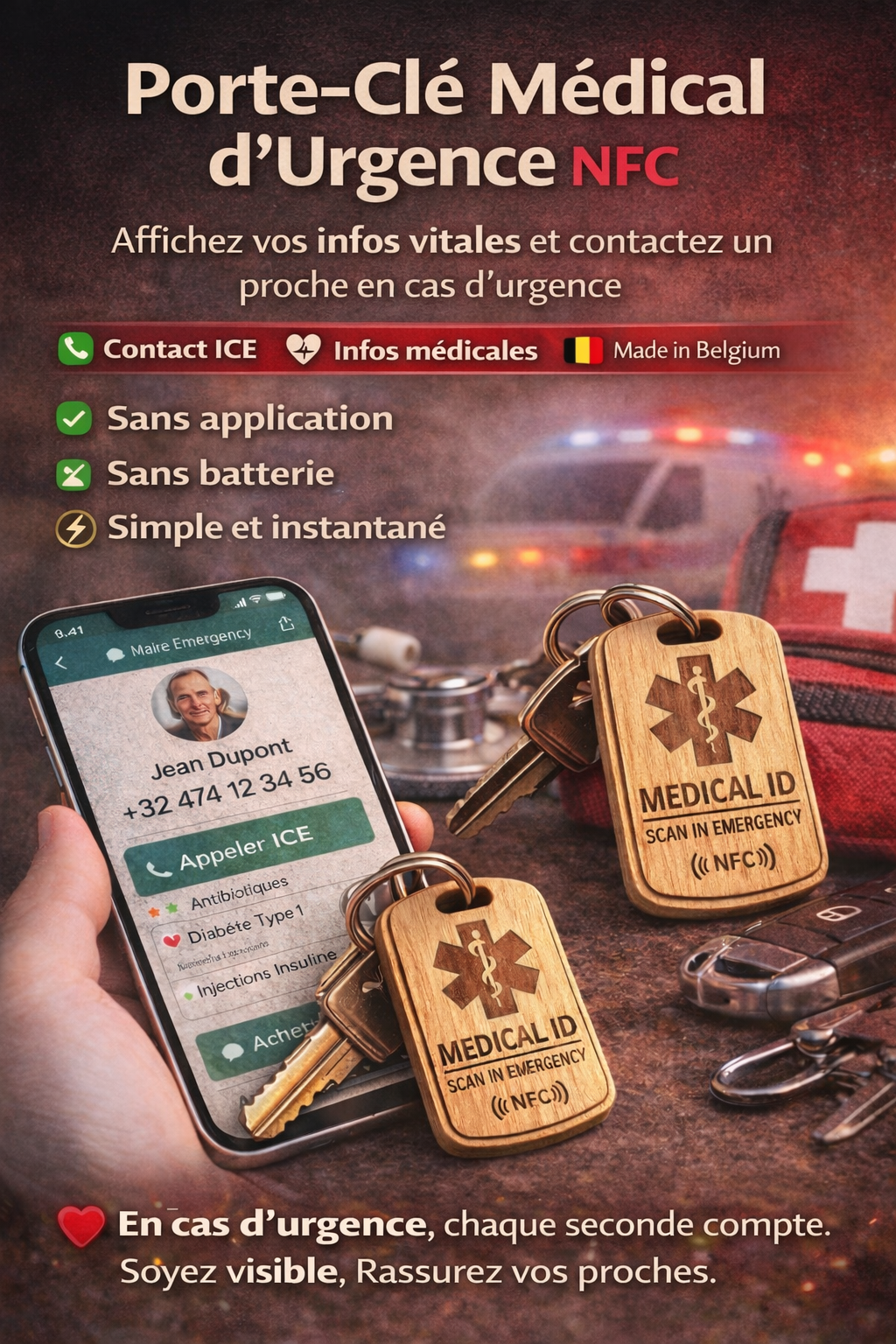 PawLink ONE — Emergency ID médical NFC en bois gravé