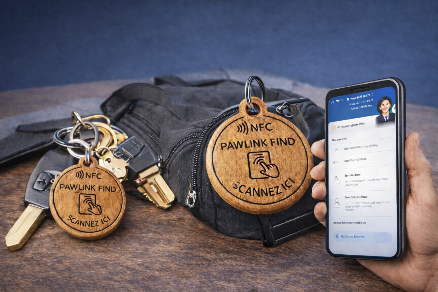 PawLink FIND — Tag NFC pour clés, sacs et valises en bois gravé